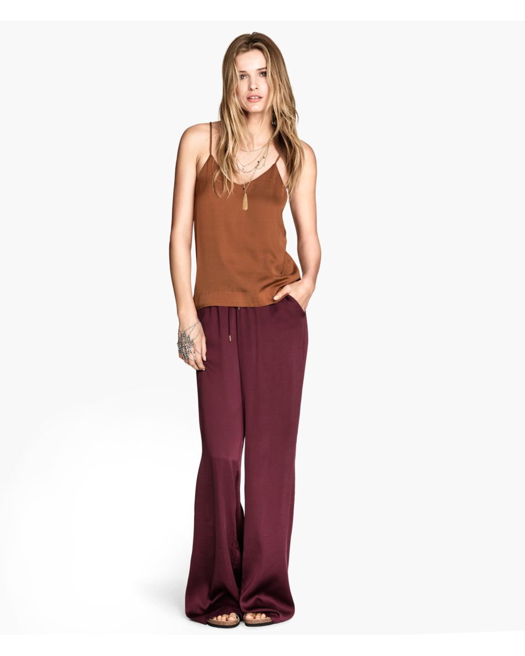 H\u0026M Wide Satin Trousers in Burgundy 