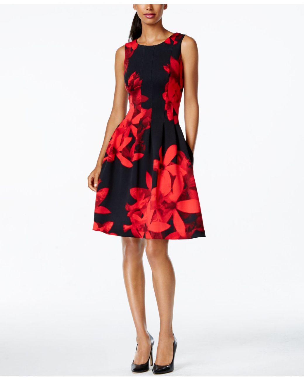 Calvin Klein Seamed Side-pocket Floral Dress in Black | Lyst