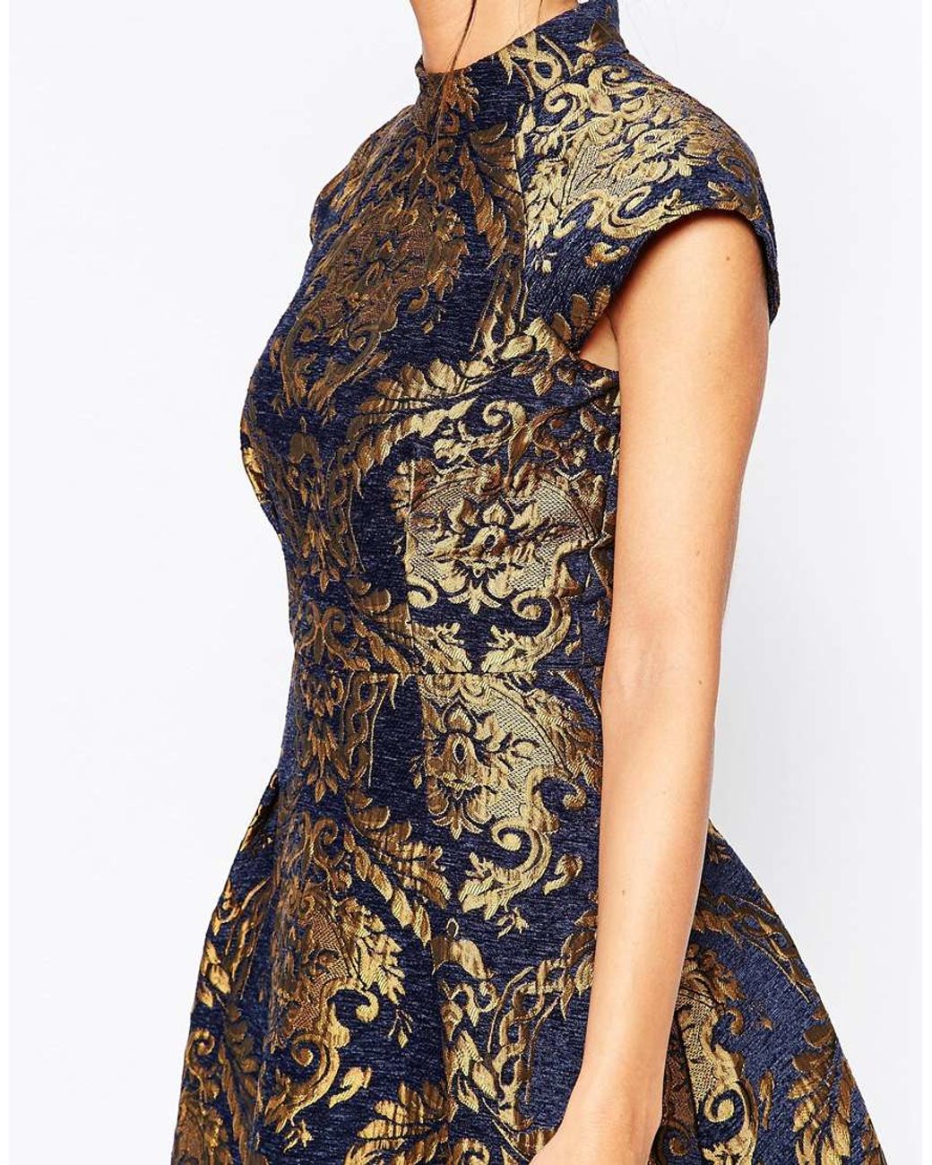 Chi Chi London High Neck Structured Skater Dress In Baroque Print in Blue Lyst
