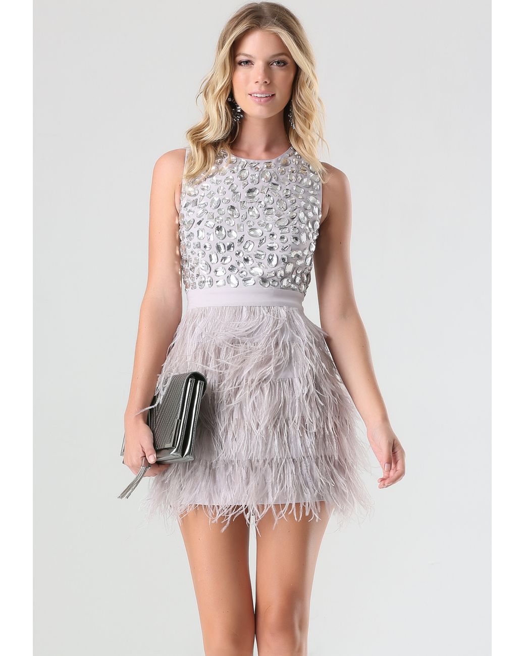 Bebe Rhinestone Feather Dress in Pink 