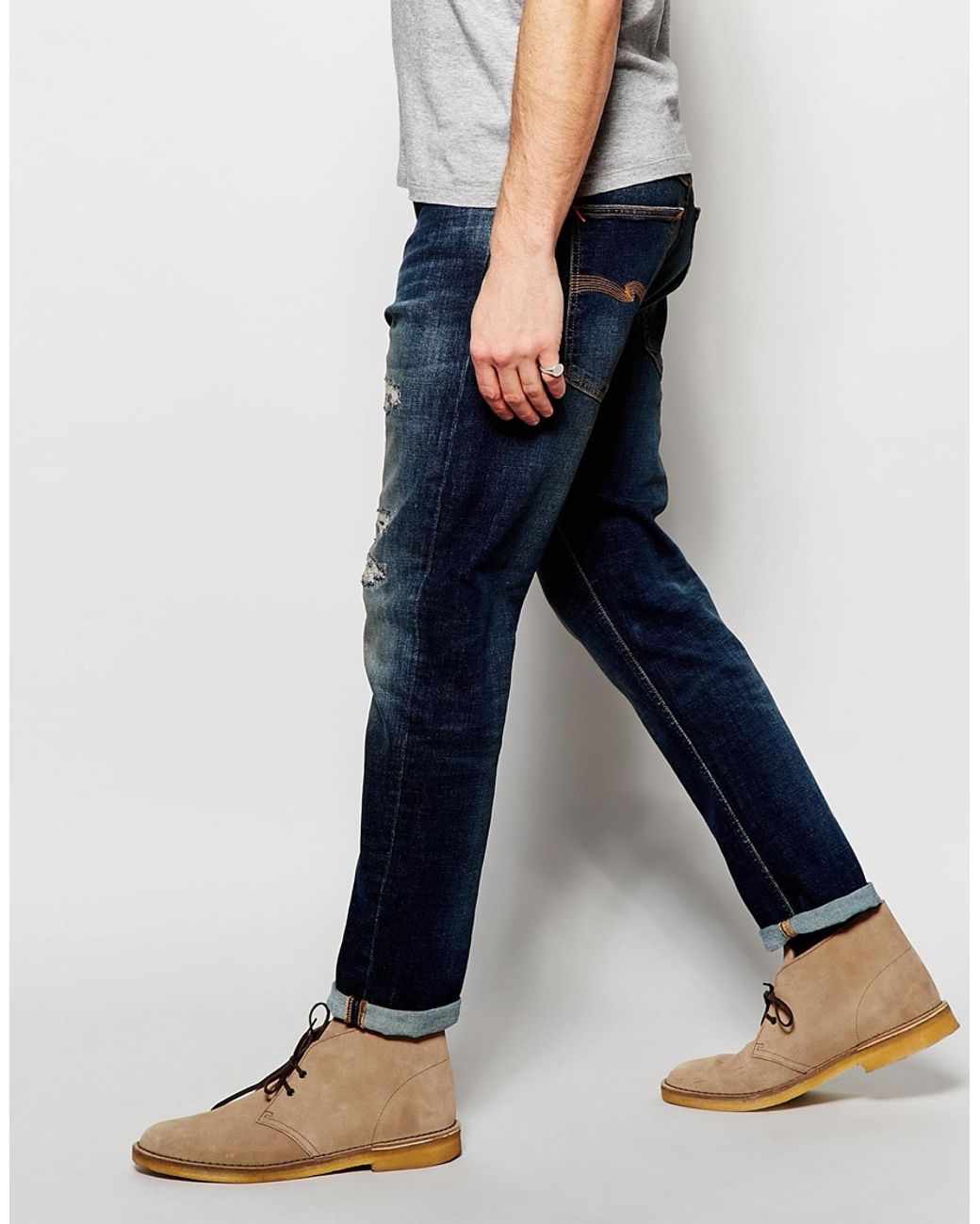 Nudie Jeans Brute Knut Distressed Tapered Fit Blue Reed Dark Wash for Men |  Lyst Canada