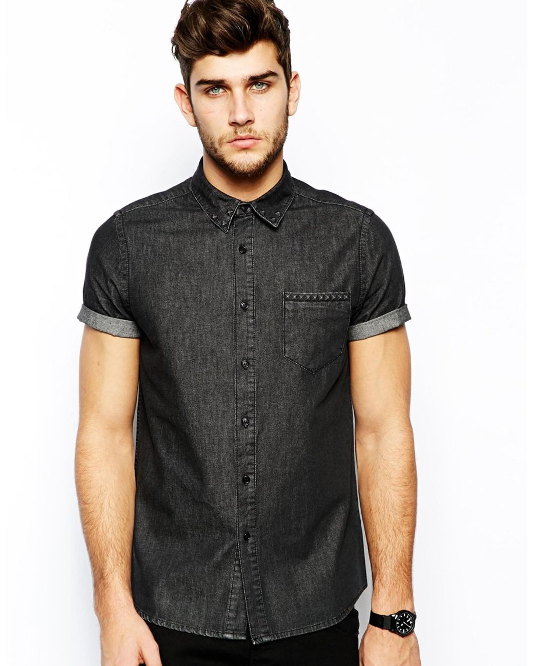 ASOS Denim Shirt In Short Sleeve With Embossed Studs in Black for Men Lyst