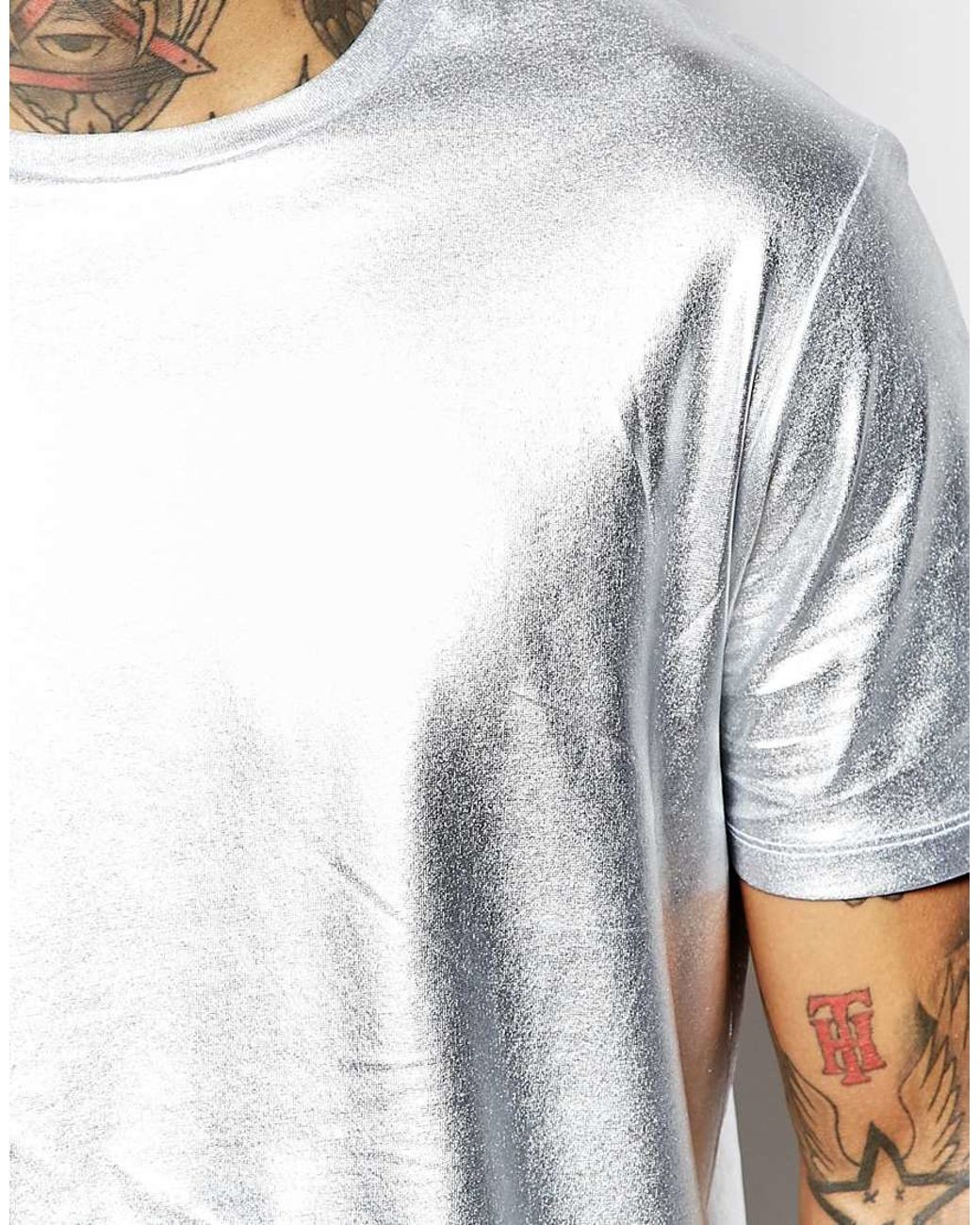 ASOS T-shirt In Metallic Silver for Men | Lyst
