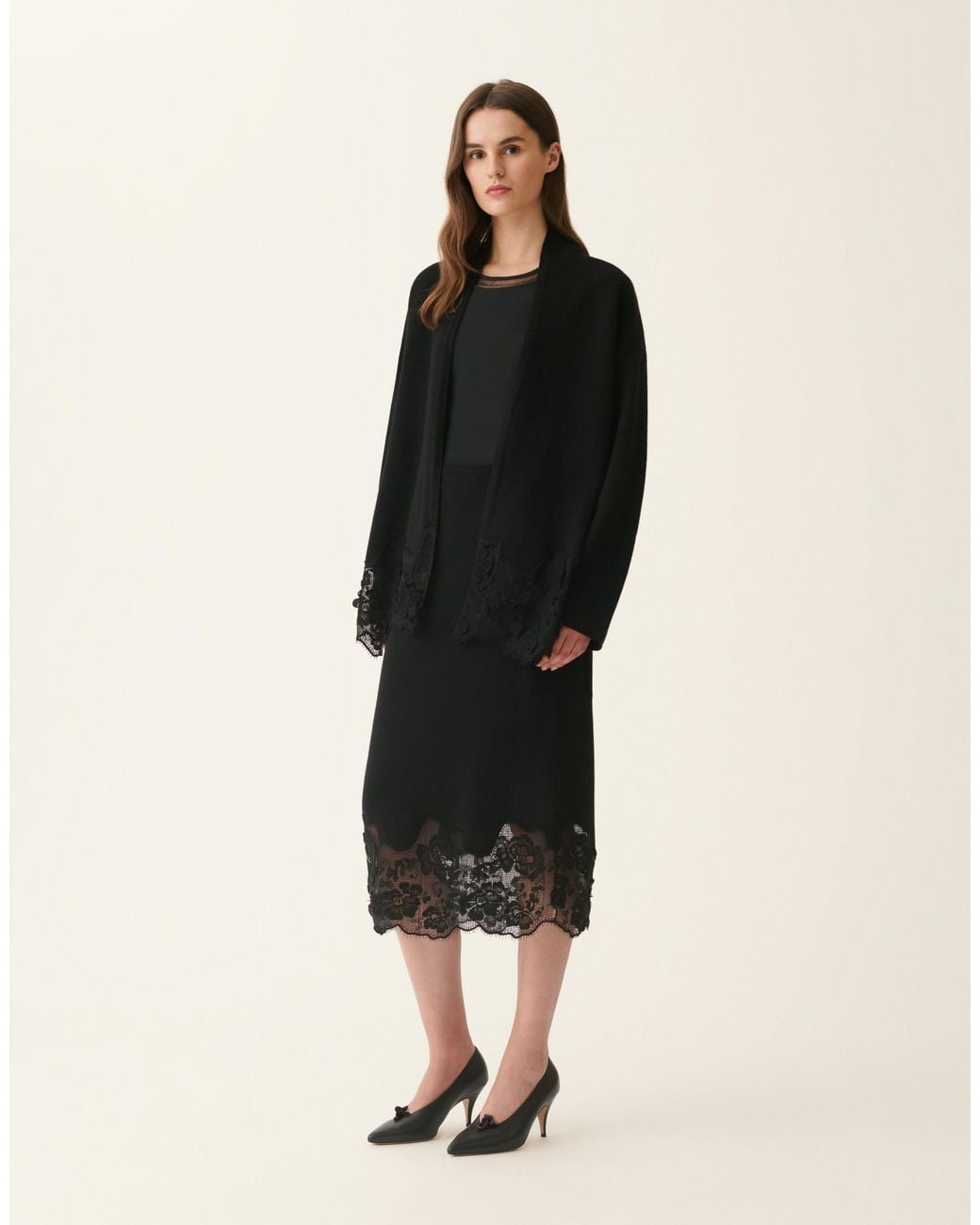 Fabiana Filippi Black Platinum Cardigan With Lace Hem