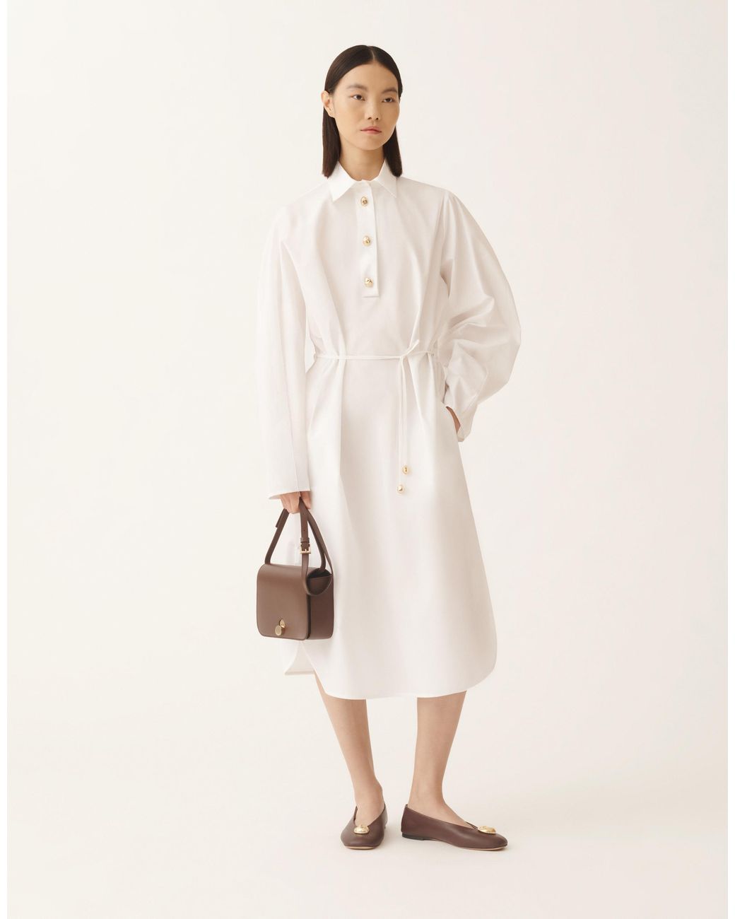 Fabiana Filippi White Drawstring Button-Fastening Midi Shirt Dress
