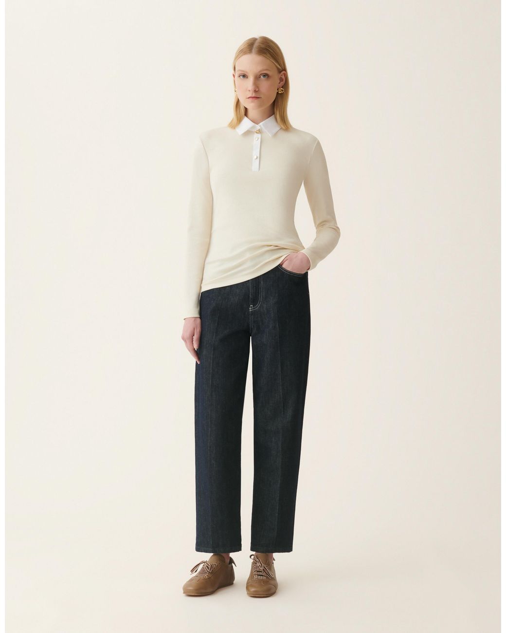 Fabiana Filippi Natural Ribbed Cotton Jersey Long-Sleeved T-Shirt