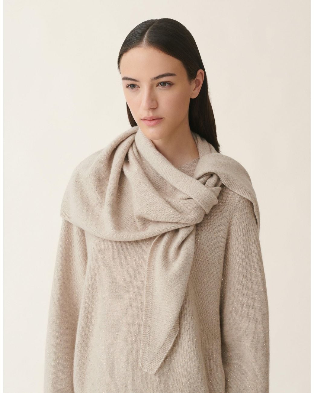 Fabiana Filippi Natural Wool And Silk Triangle Scarf With Sequins
