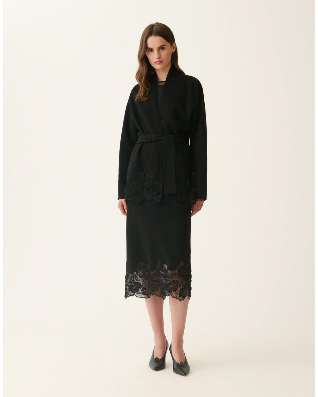 Fabiana Filippi Black Platinum Cardigan With Lace Hem