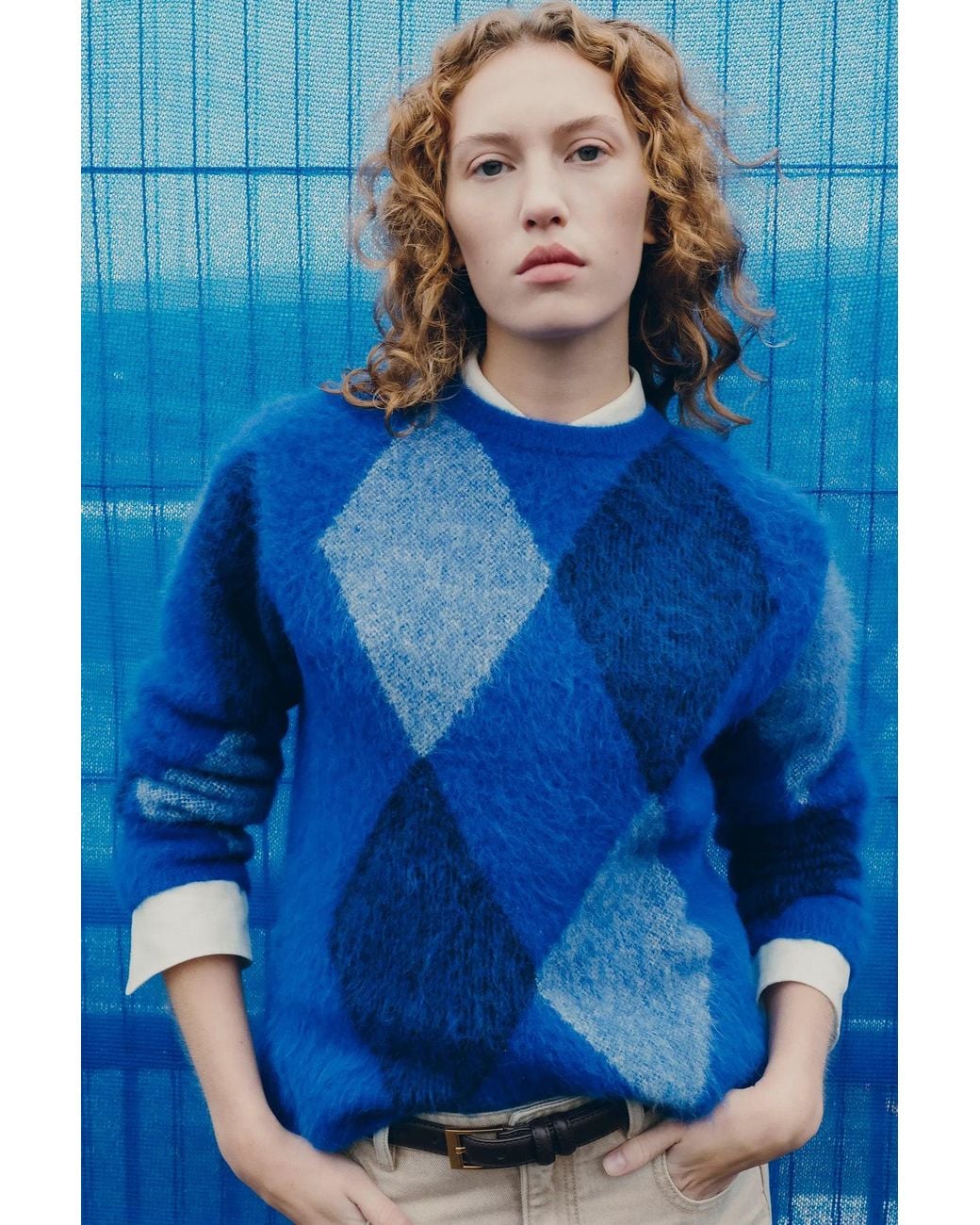 Fabrique Blue Heacham Argyle Jacquard Cropped Crewneck Sweater