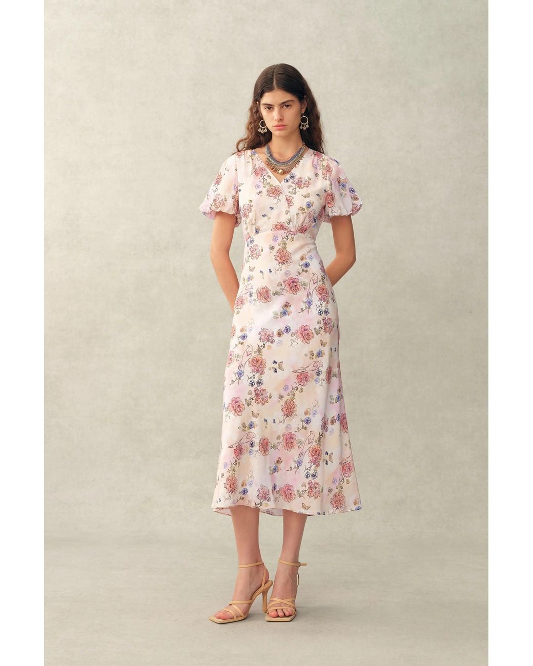 Fabrique Natural Coco Handpainted Floral Puff Sleeve Cinched Dress