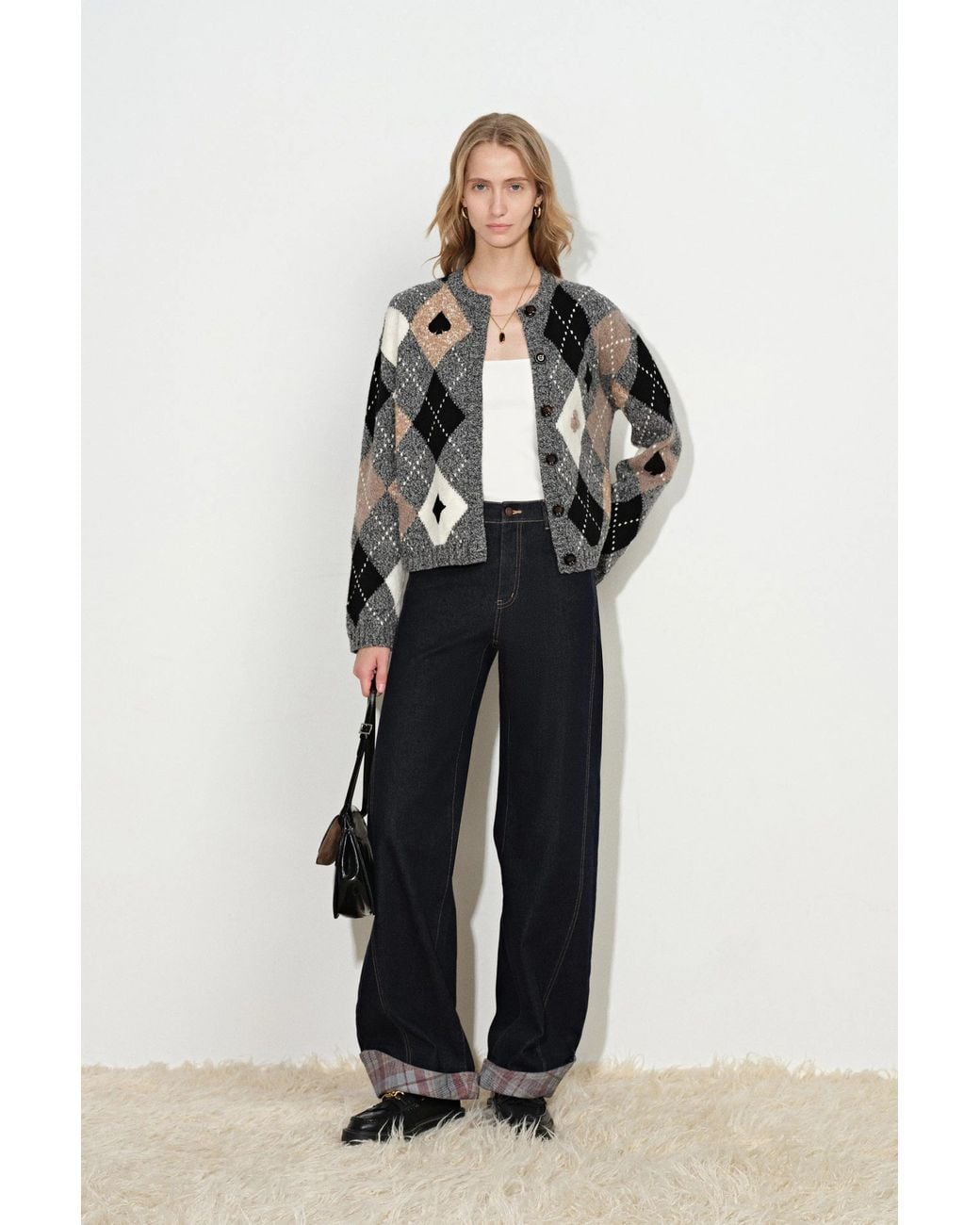 Fabrique Black Marta Hand Embroidery Contrast Argyle Cardigan