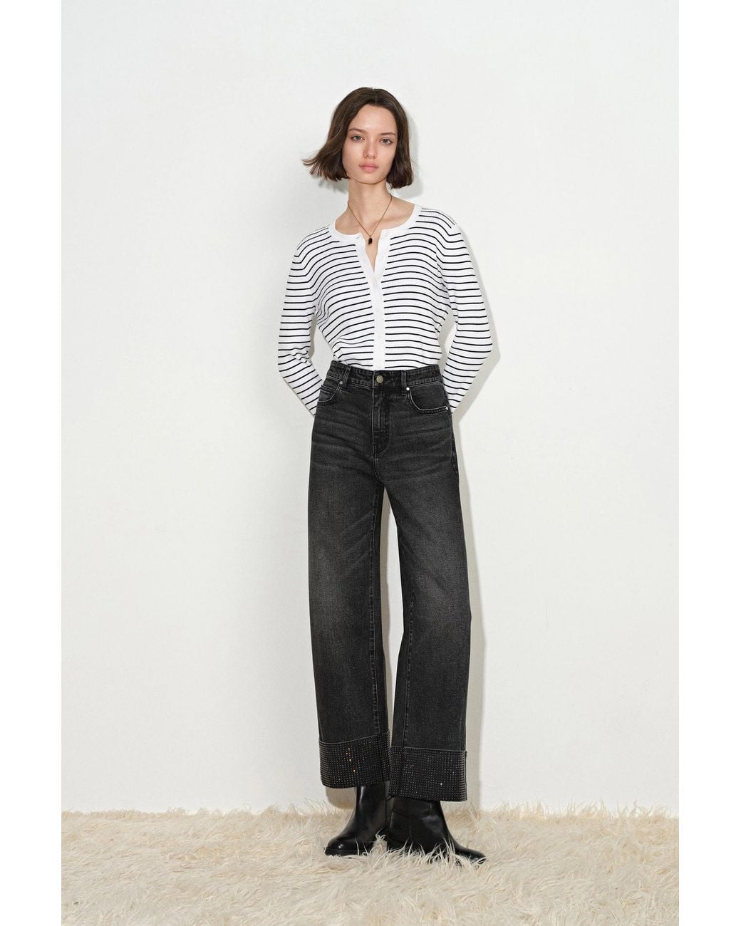 Fabrique Black Grazia Crystal Studded Cropped Straight Leg Jeans