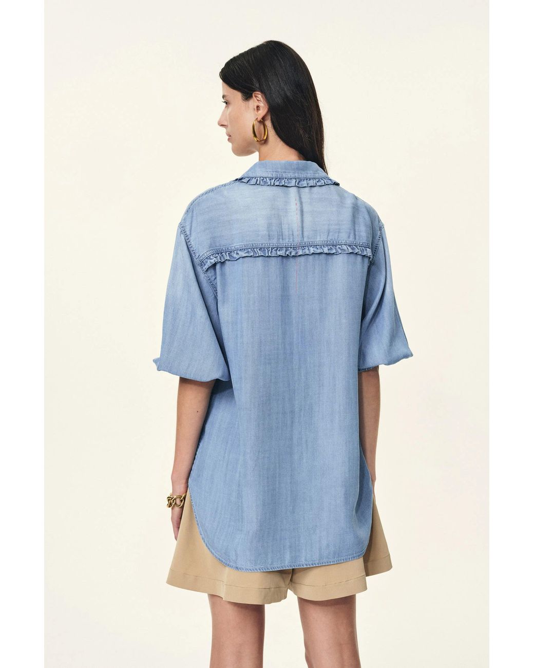 Fabrique Blue Judy Ruffle Trim Puff Sleeve Shirt