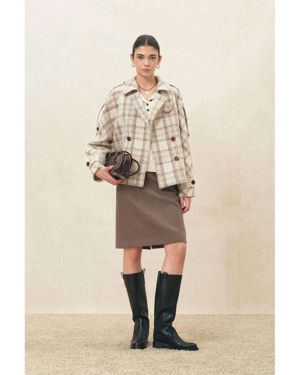 Fabrique Natural Fleur Textured Plaid Cropped Coat