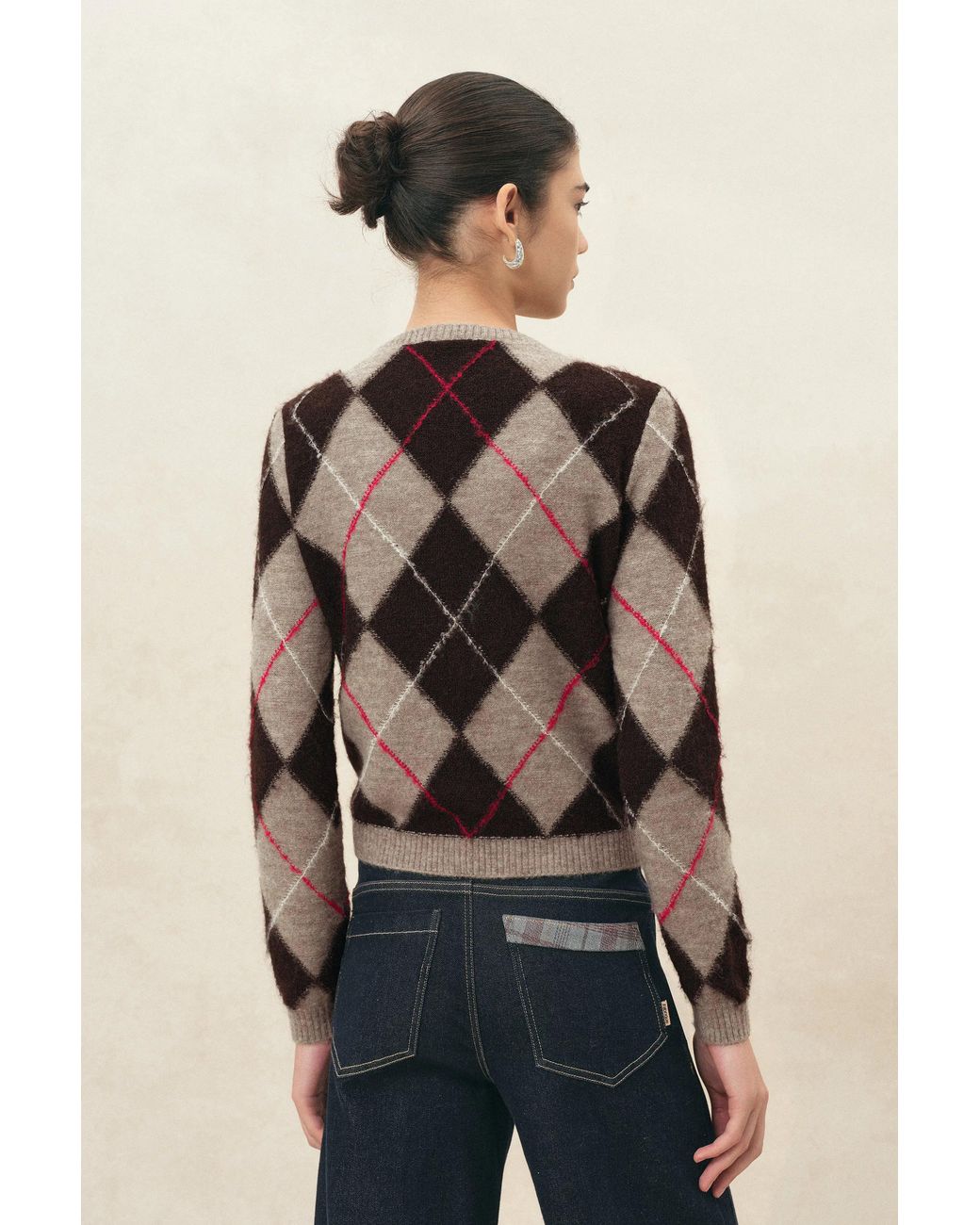 Fabrique Natural Tye Embroidered Contrast Argyle Cardigan