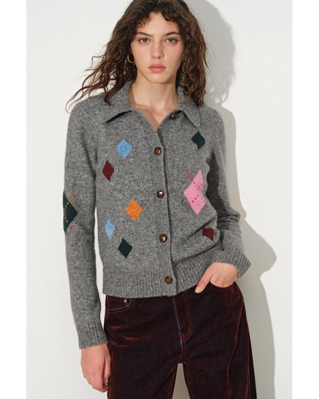 Fabrique Gray Sidonie Argyle Lapel Cardigan