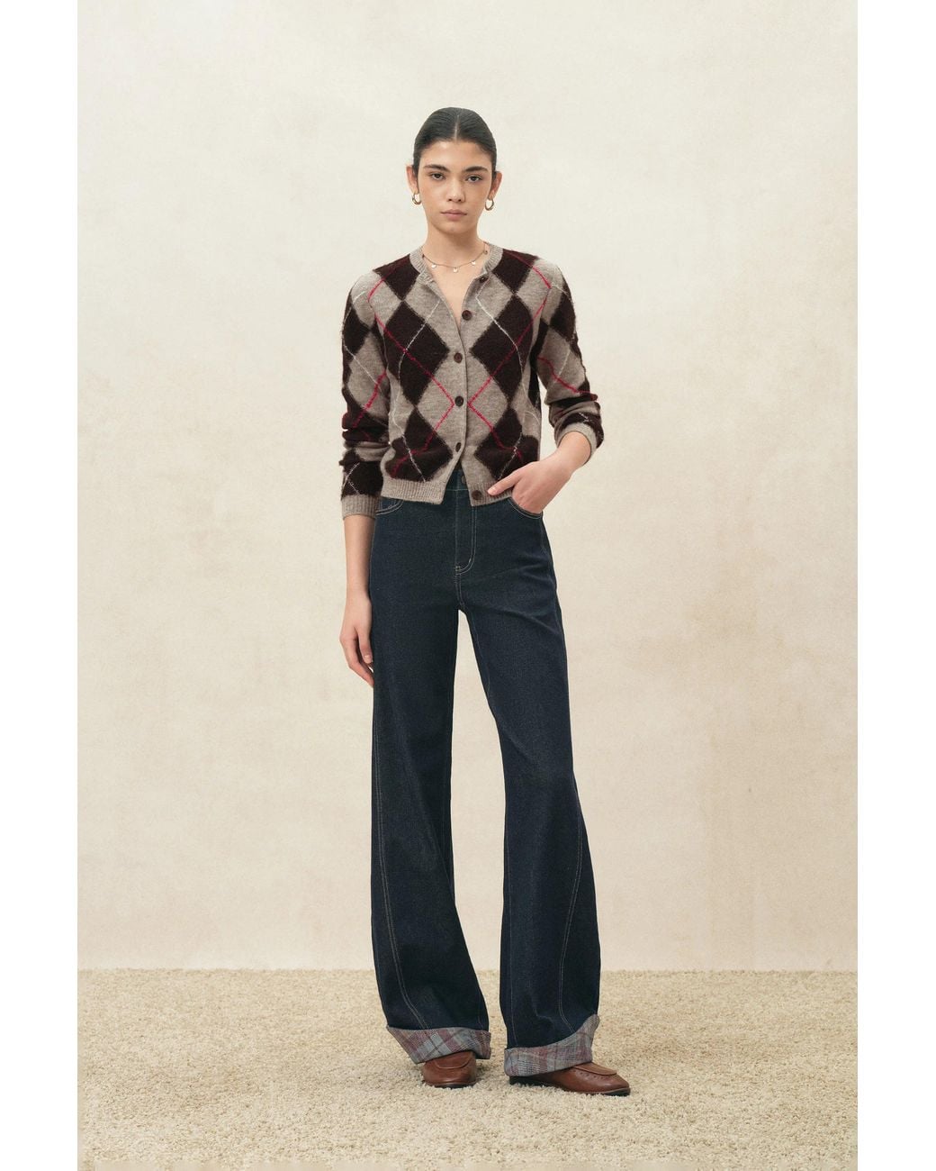 Fabrique Natural Tye Embroidered Contrast Argyle Cardigan