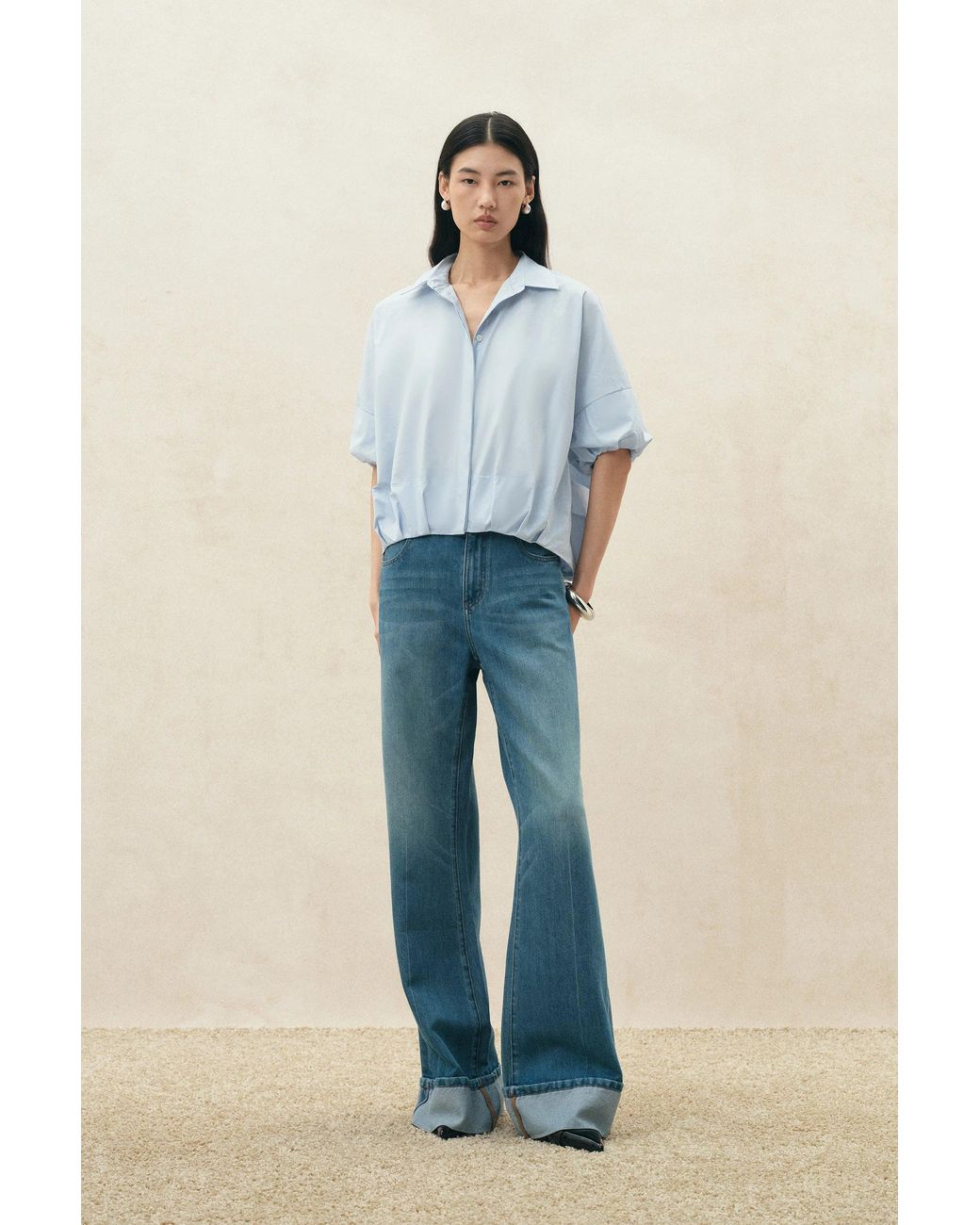 Fabrique Blue Claire Bubble Puff Sleeve Shirt