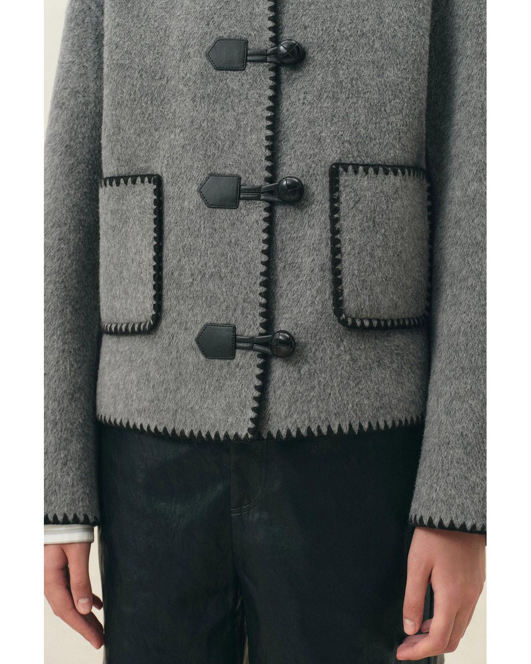 Fabrique Gray Carina Embroidered Hooded Cropped Coat