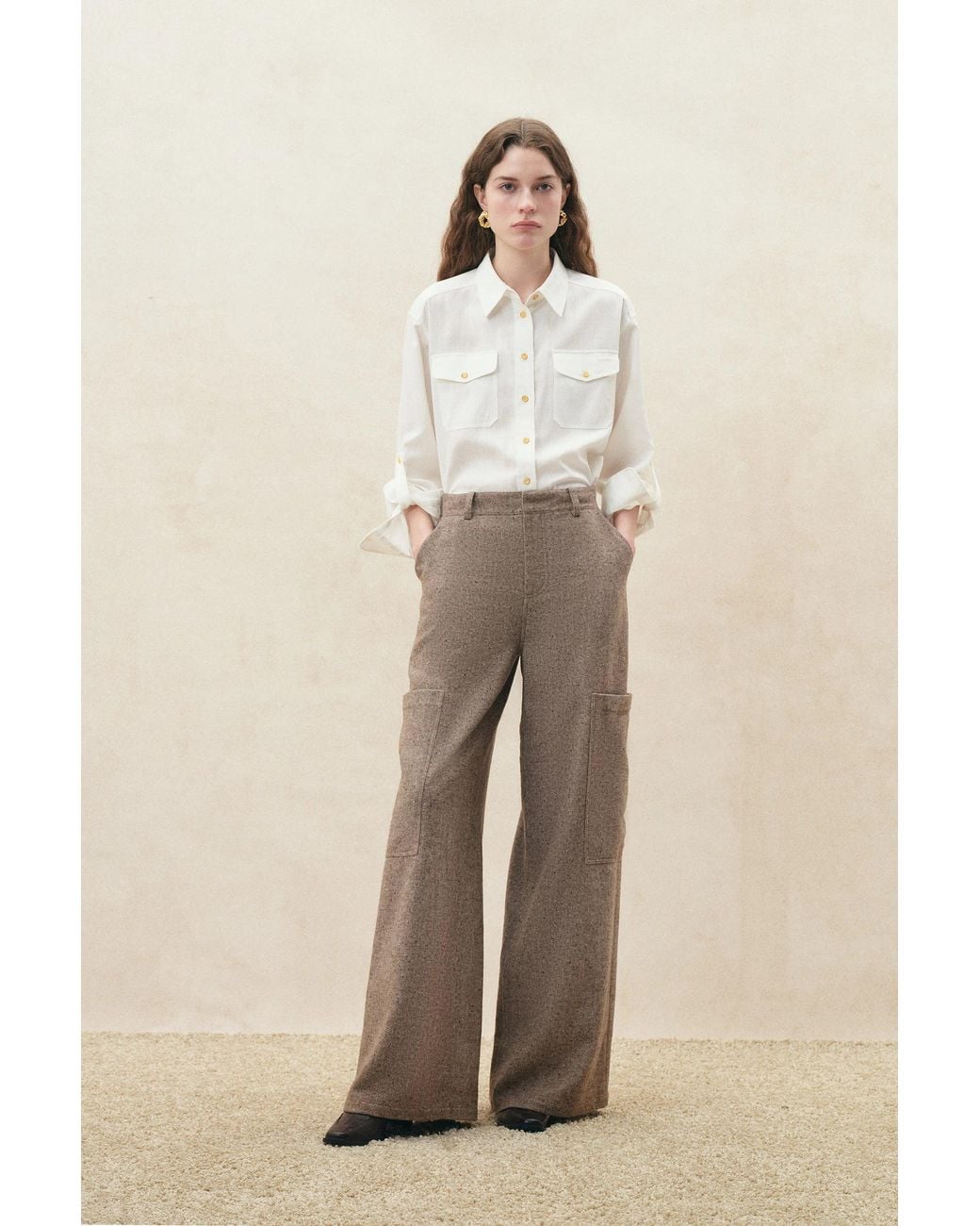 Fabrique Natural Beatrice Flecked Wide Leg Tailored Trousers With Patch Pockets