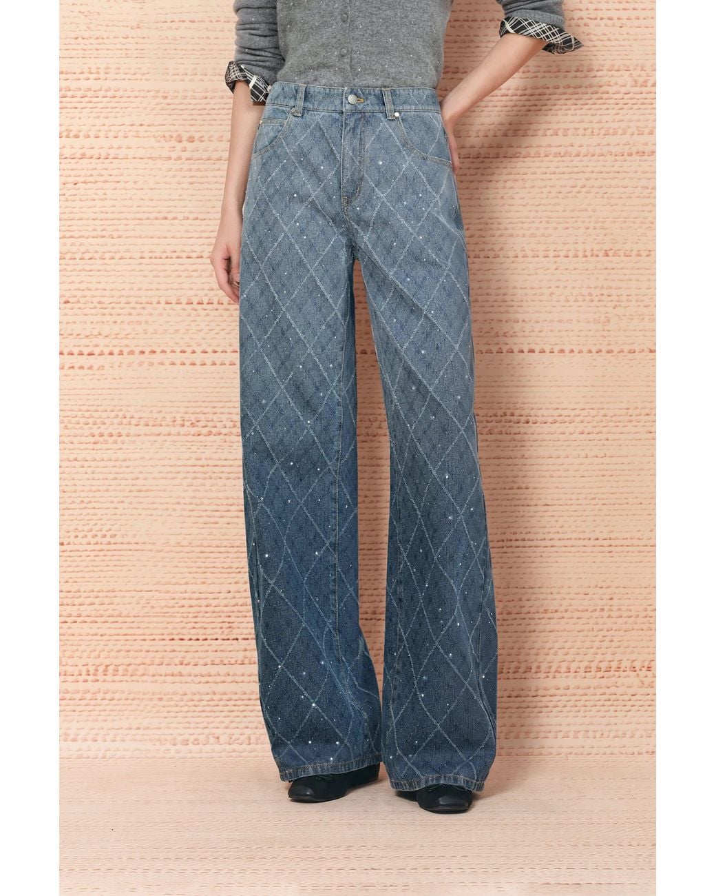 Fabrique Blue Liora Crystal Embellished Crochet Argyle Jeans