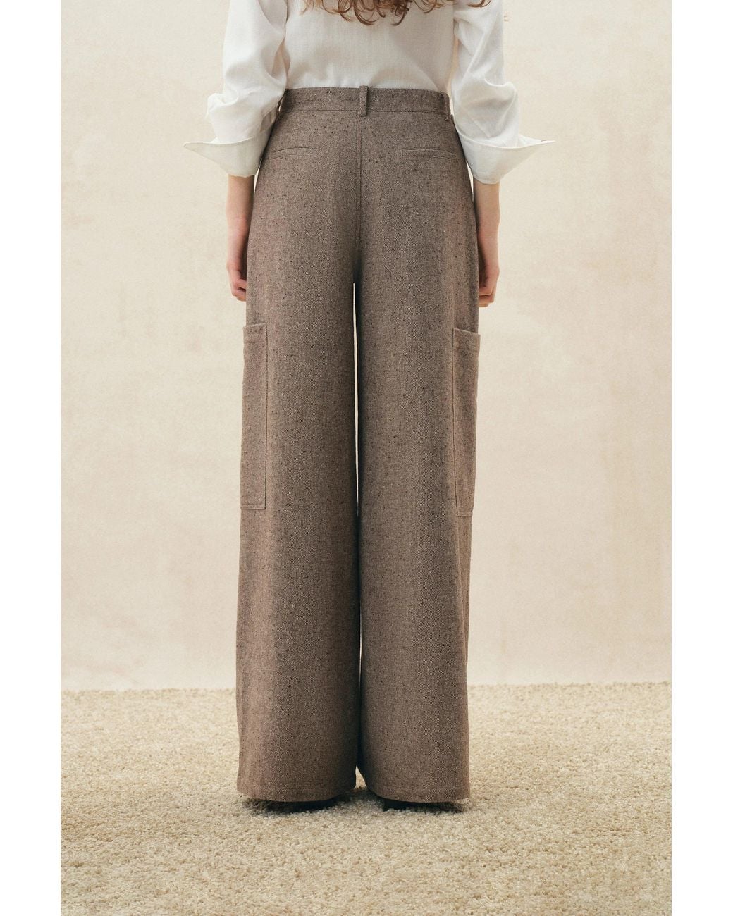 Fabrique Natural Beatrice Flecked Wide Leg Tailored Trousers With Patch Pockets
