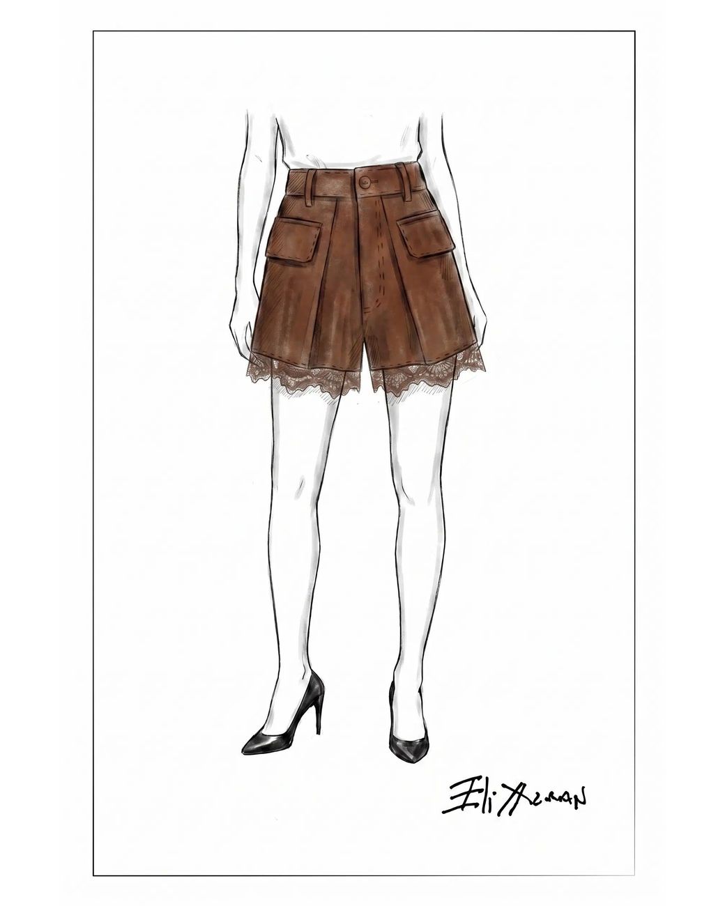 Fabrique Black Hazel Lace Panel Belted Shorts