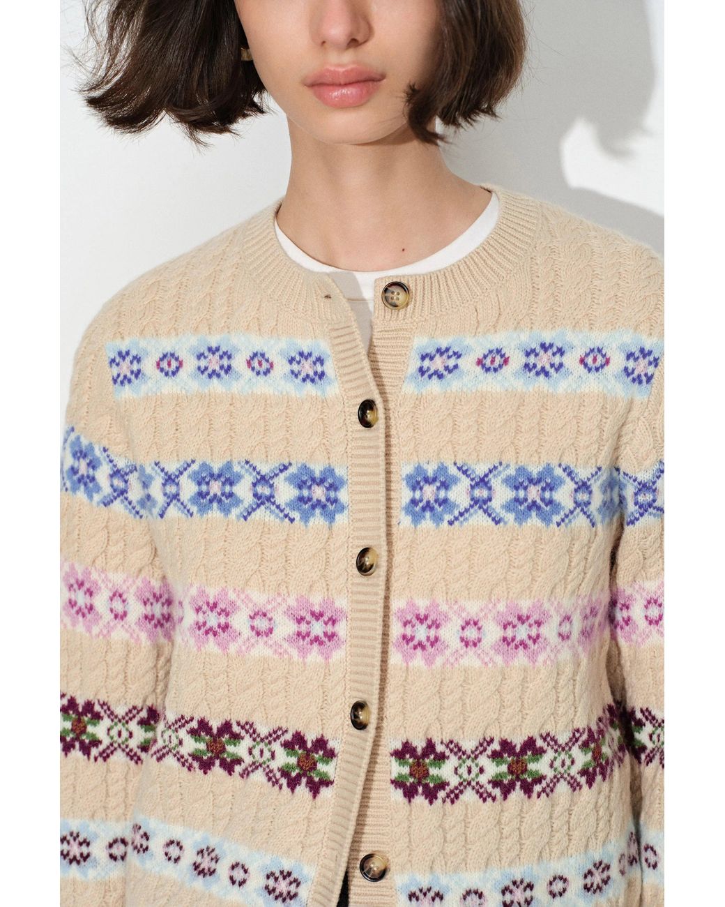 Fabrique Natural Aria Quatrefoil Jacquard Fair Isle Cardigan