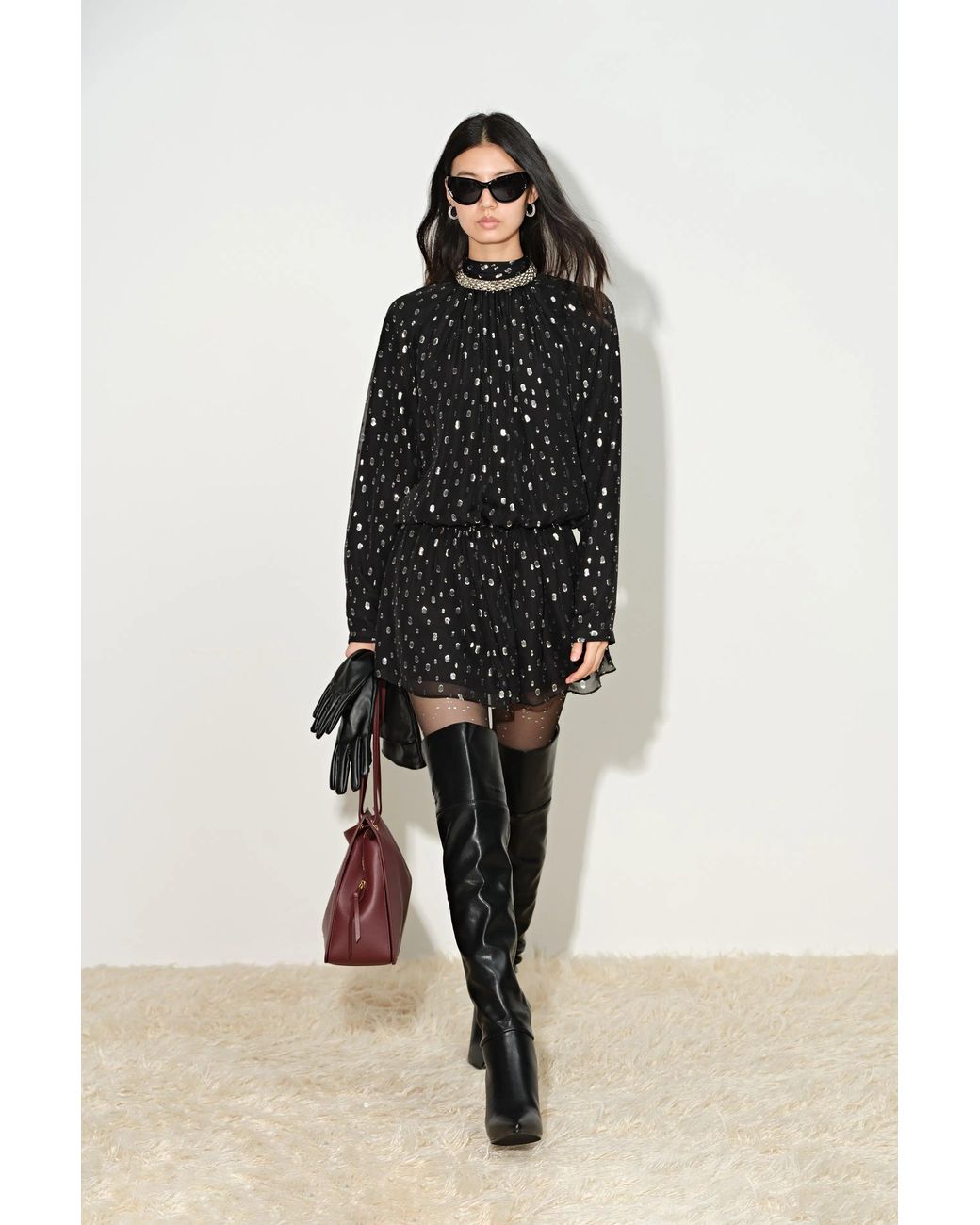 Fabrique Black Paris Ruched Shimmering Polka Dots Dress