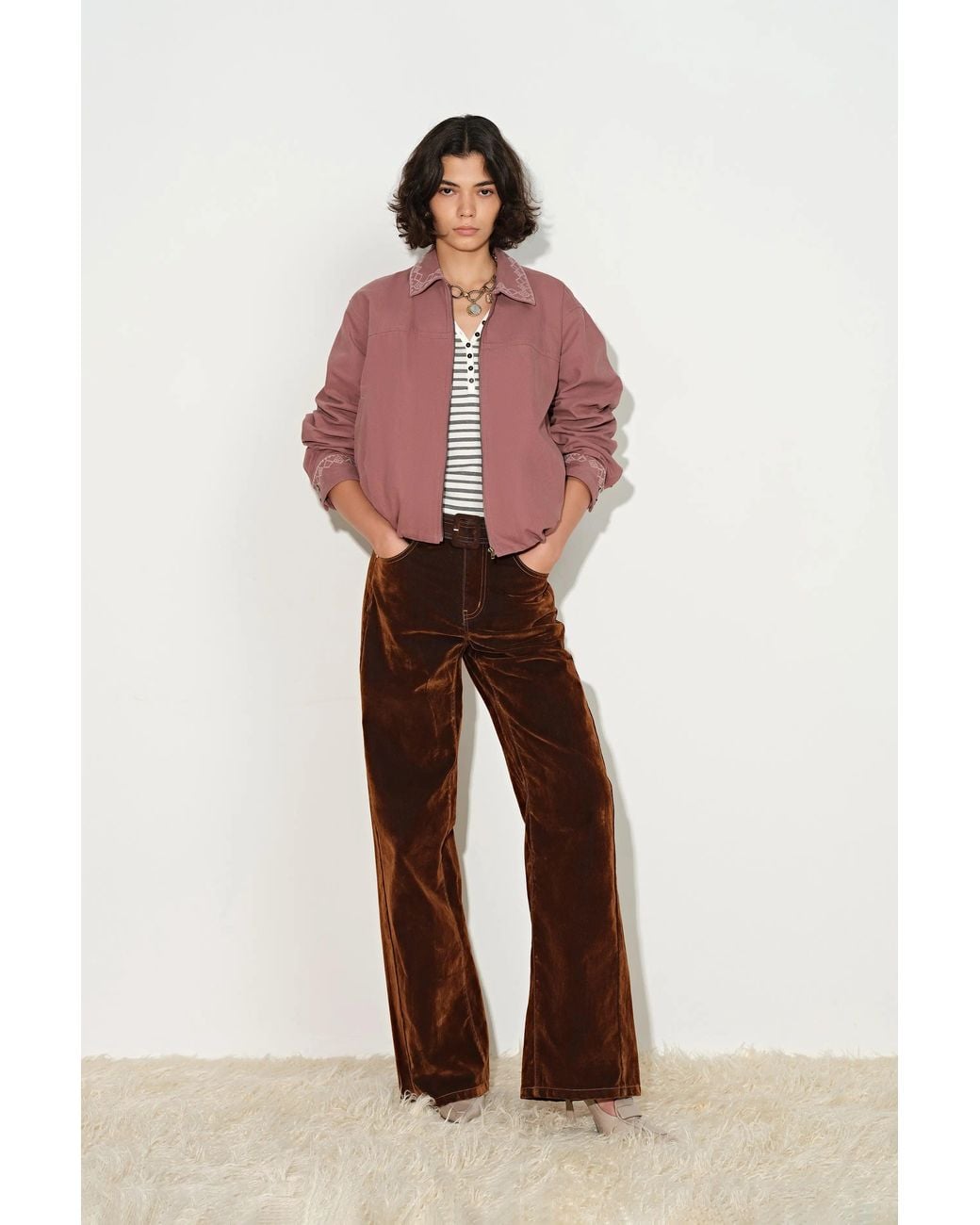 Fabrique Pink Aurora Embroidery Cropped Bomber Jacket