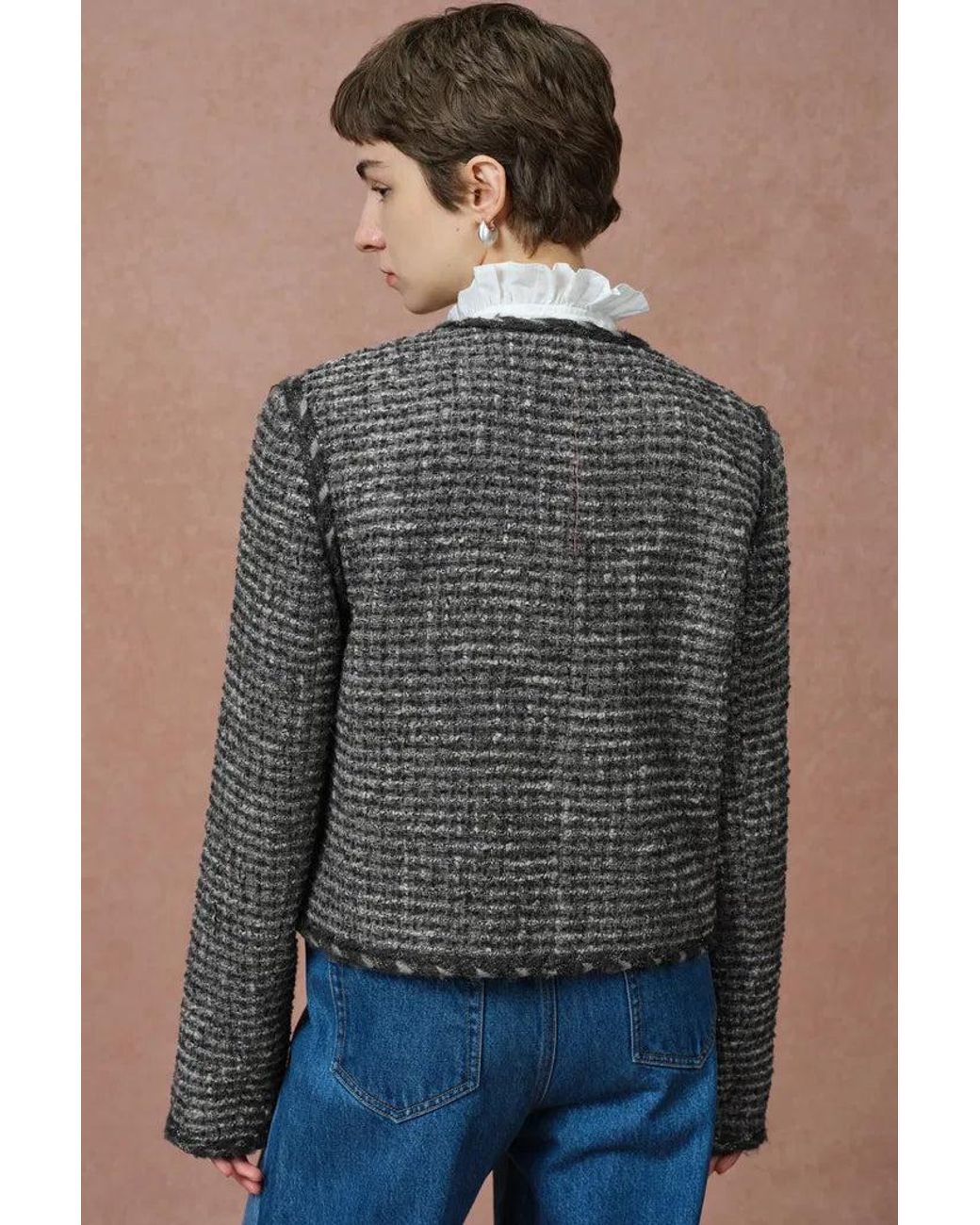 Fabrique Blue Sloane Double Breasted Metallic Trim Tweed Jacket