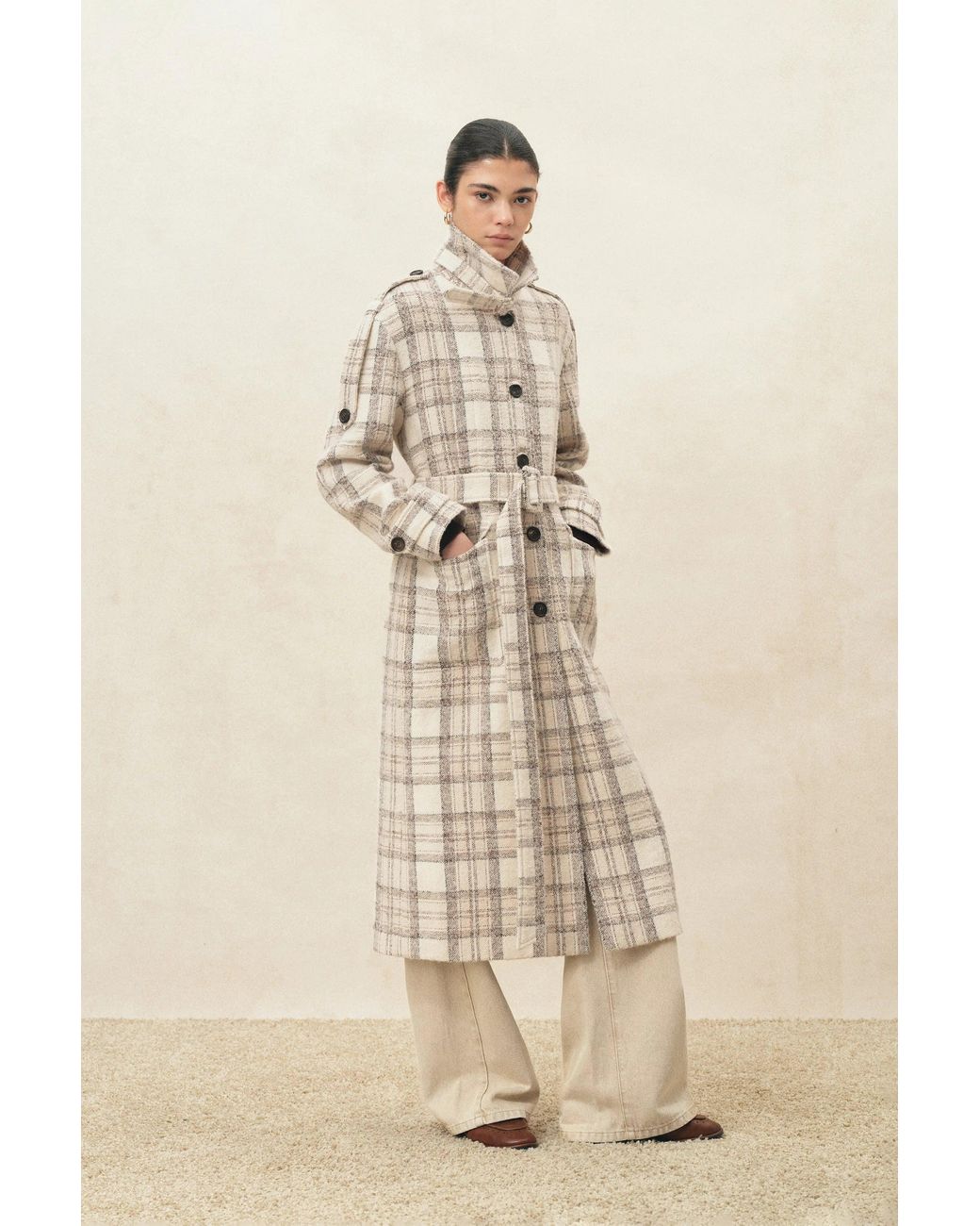 Fabrique Multicolor Fleur Textured Plaid Belted Long Coat