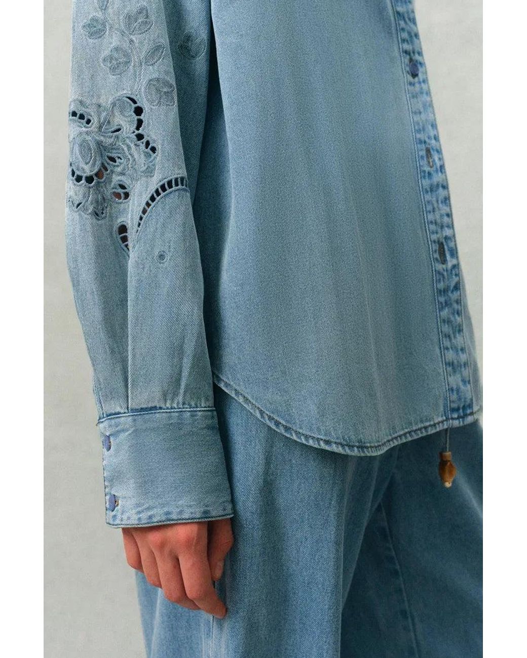 Fabrique Blue Vinetta Curved Button Placket Floral Embroidered Shirt