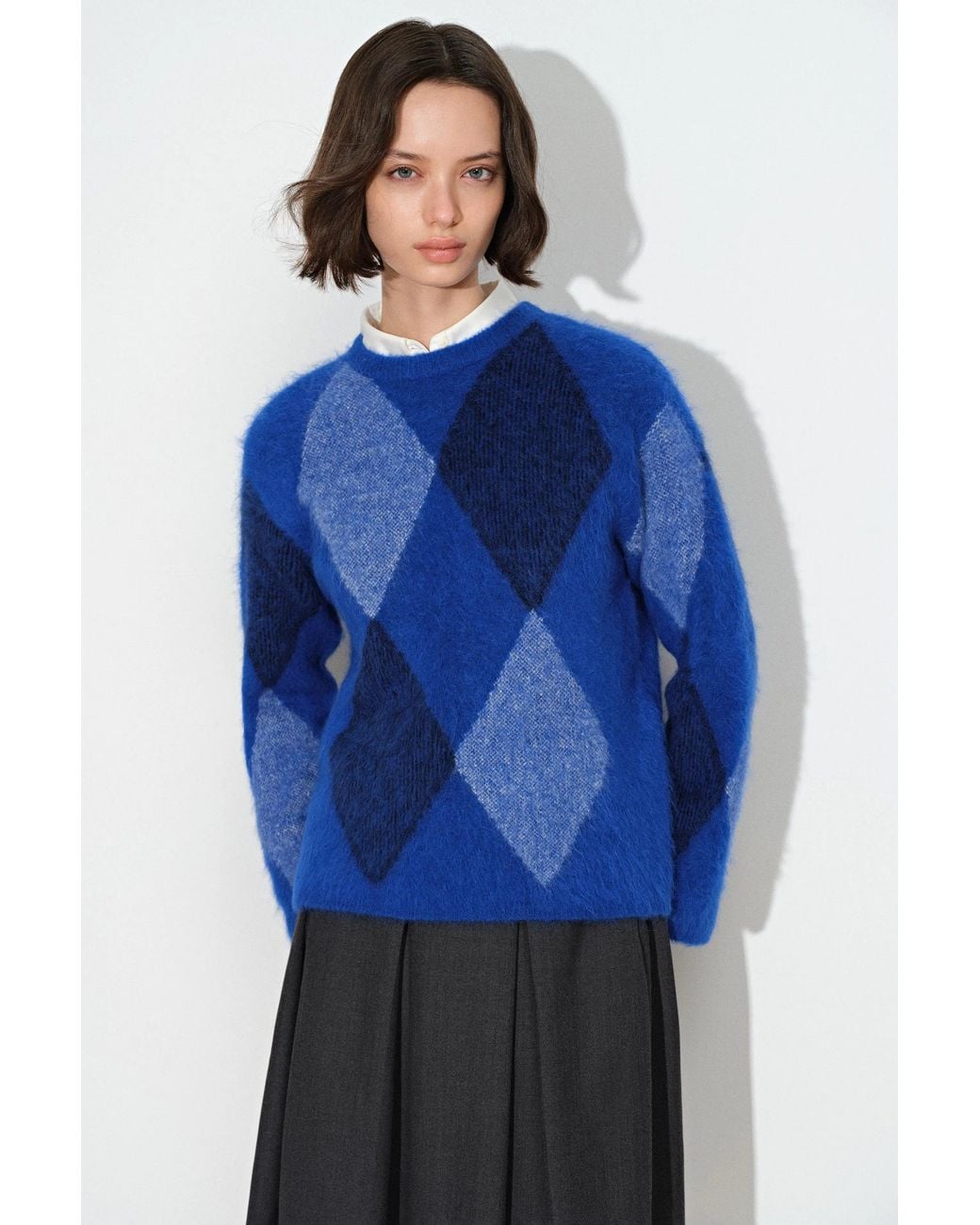 Fabrique Blue Heacham Argyle Jacquard Cropped Crewneck Sweater