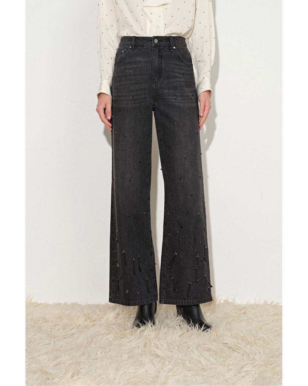 Fabrique Black Nia Hand Studded Fringed Straight Leg Jeans