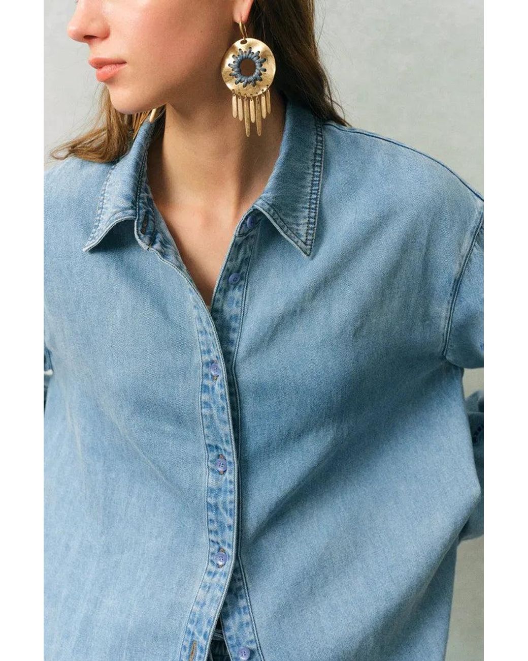 Fabrique Blue Vinetta Curved Button Placket Floral Embroidered Shirt