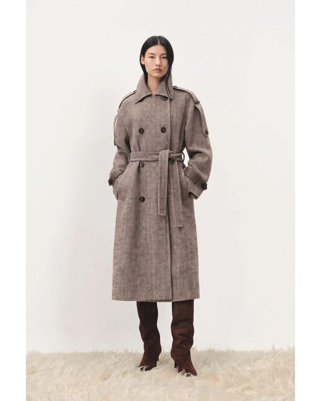 Fabrique Natural Esme Oversized Herringbone Long Coat