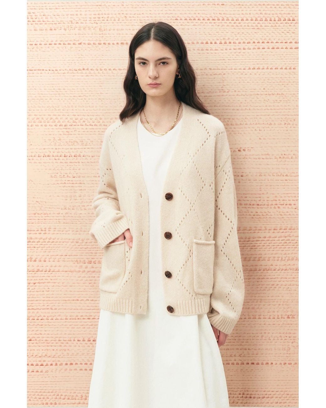 Fabrique Natural Kaia Argyle Openwork Cardigan