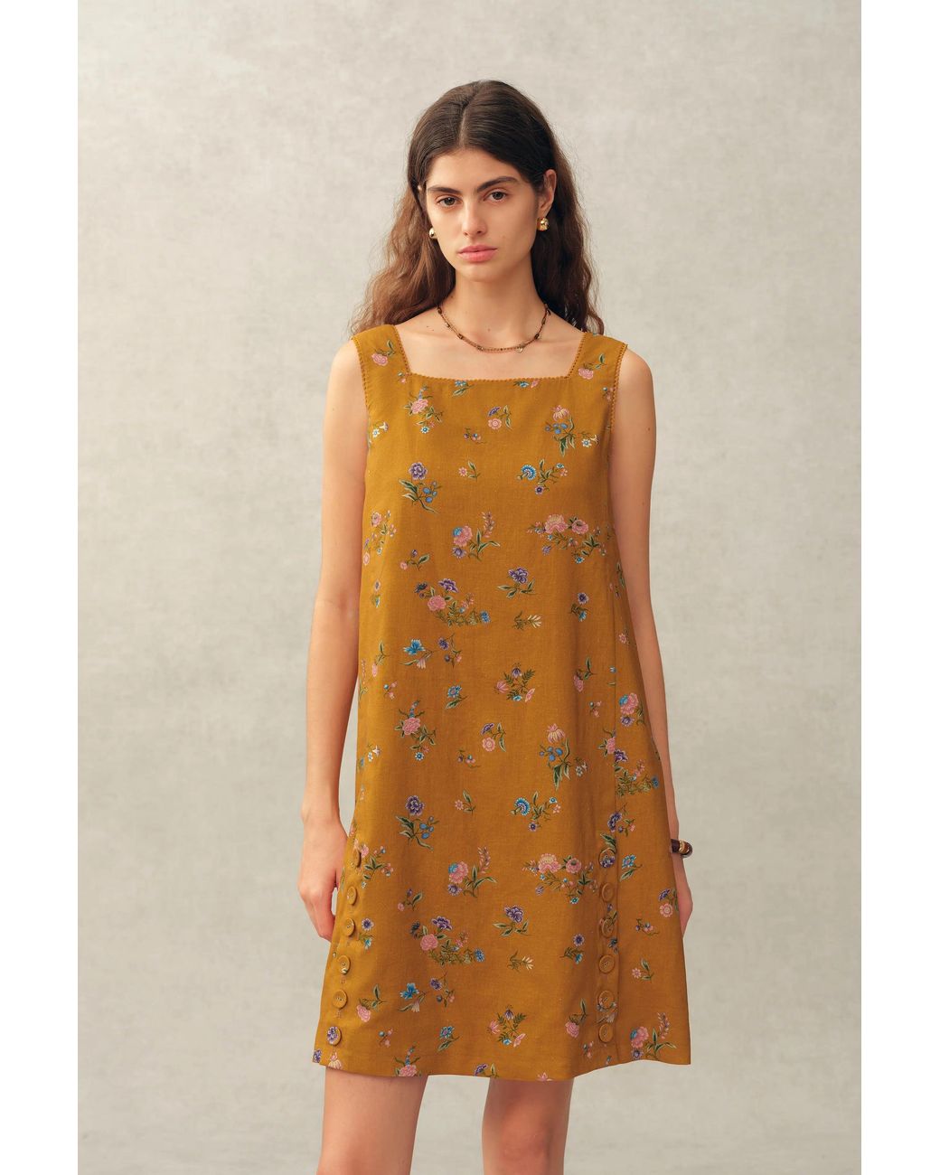 Fabrique Natural Mary Floral Square Neck Sleeveless Short Strap Dress