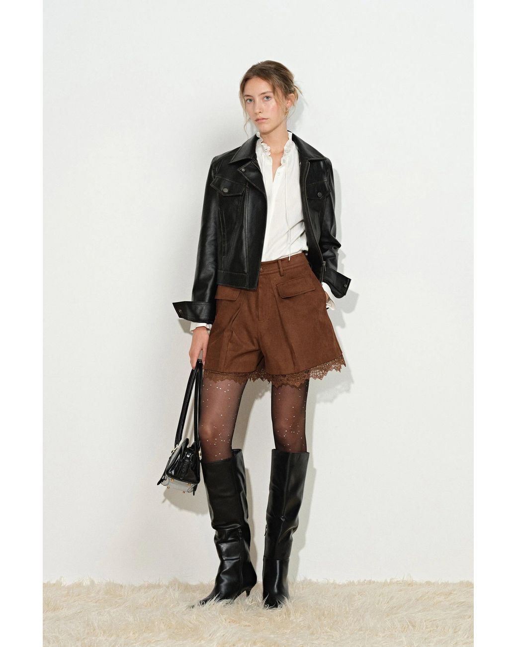 Fabrique Black Hazel Lace Panel Belted Shorts
