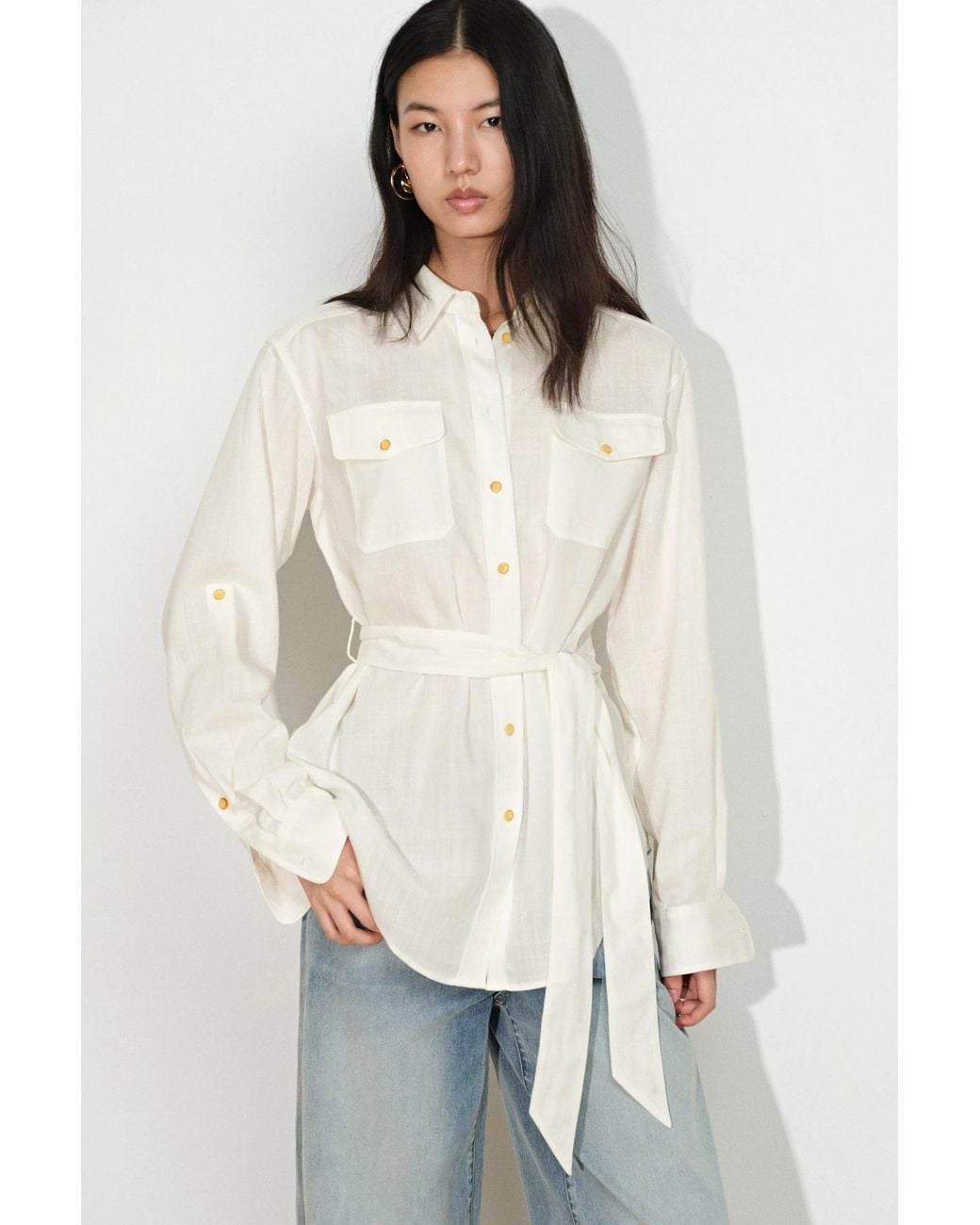 Fabrique Blue Faye Belted Roll Tab Sleeves Safari Blouse