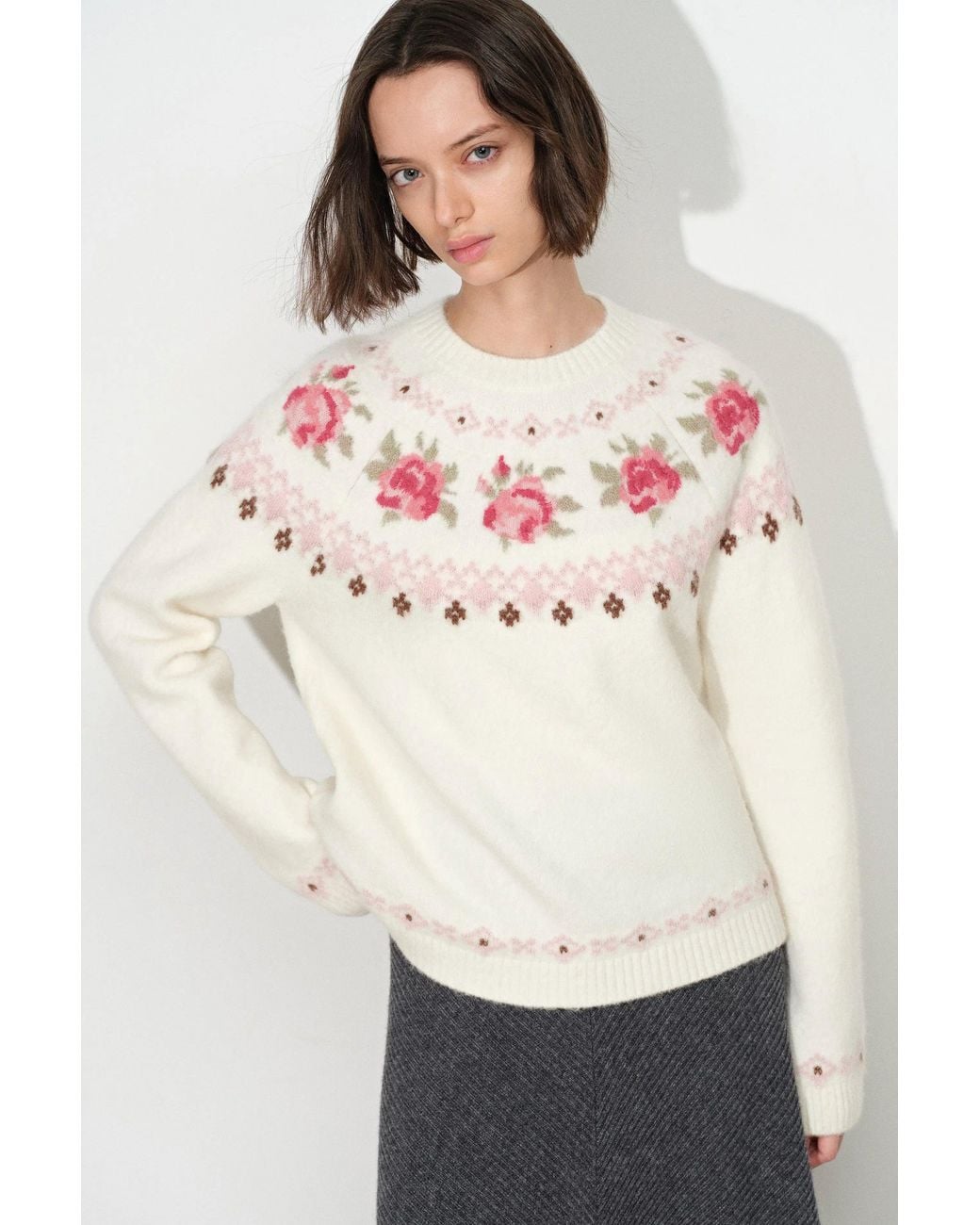 Fabrique Laverna Fair Isle Rose Pattern Sweater in White | Lyst