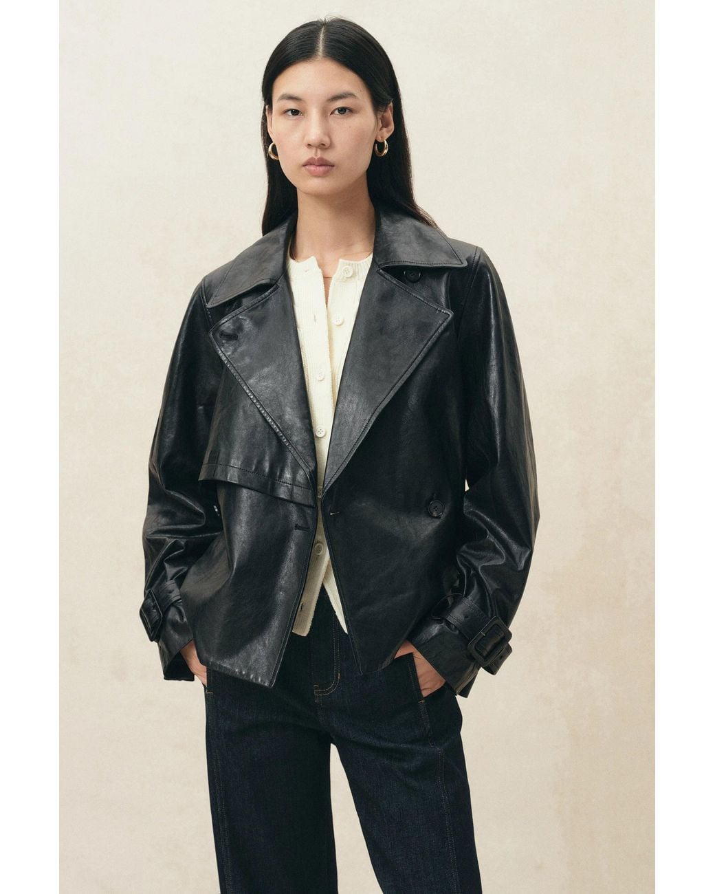 Fabrique Blue Eliana Belted Cropped Trench Jacket