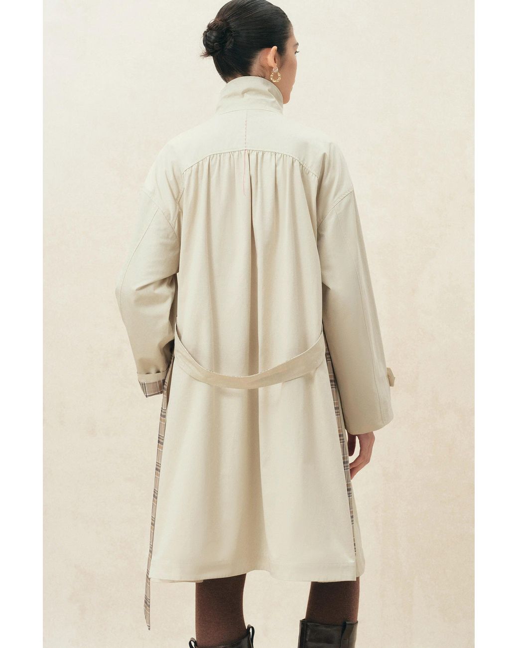 Fabrique Natural Melody Plaid Accent Trench Coat