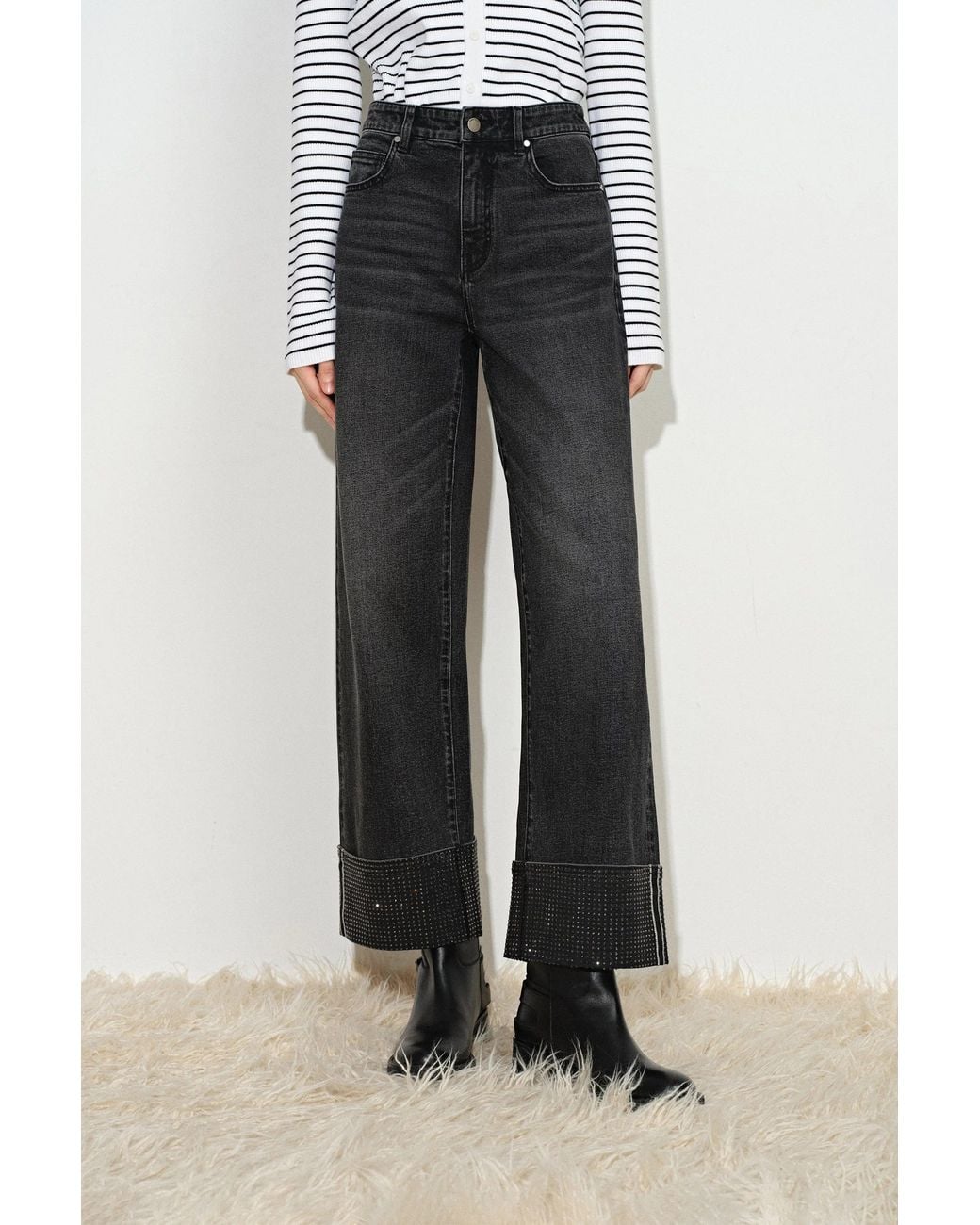 Fabrique Black Grazia Crystal Studded Cropped Straight Leg Jeans