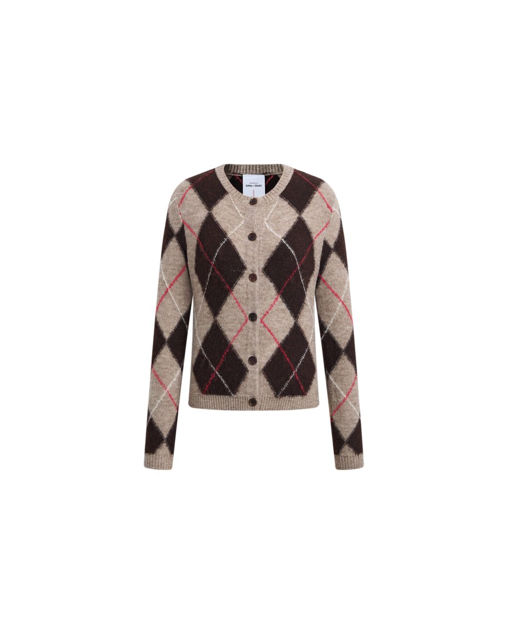 Fabrique Natural Tye Embroidered Contrast Argyle Cardigan