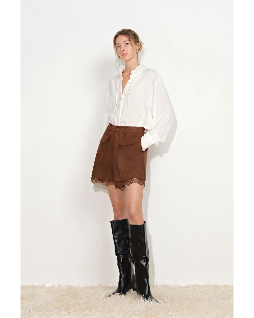 Fabrique Black Hazel Lace Panel Belted Shorts