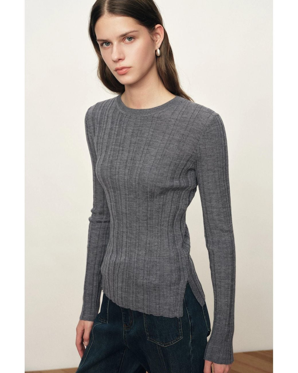 Fabrique Blue Cara Side Slit Long Sleeve Fitted Top