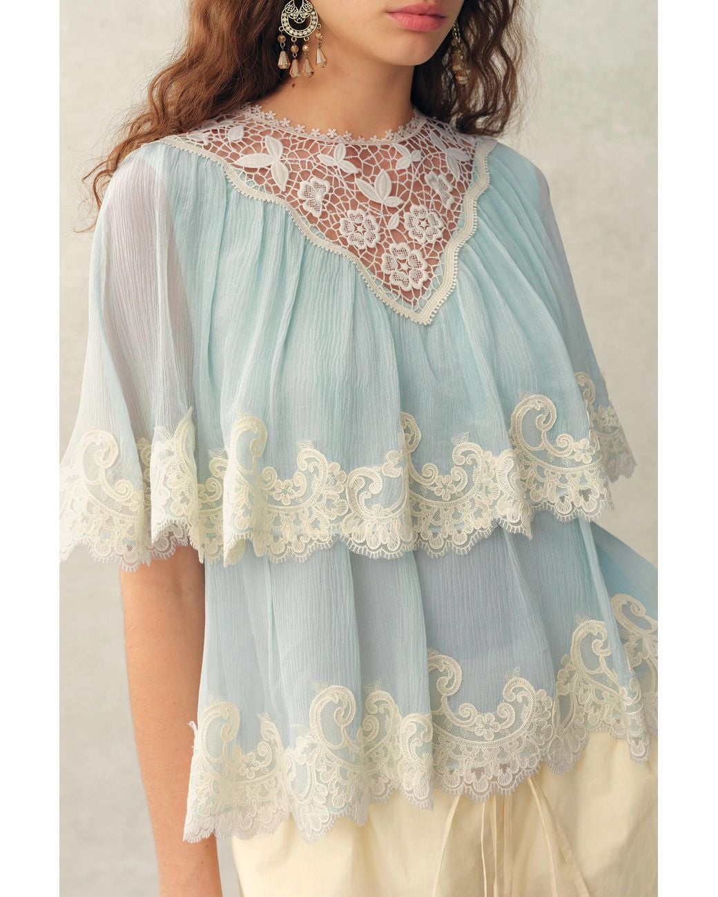 Fabrique Natural Sophia Lace Embroidery Summer Cape Short Sleeve Blouse