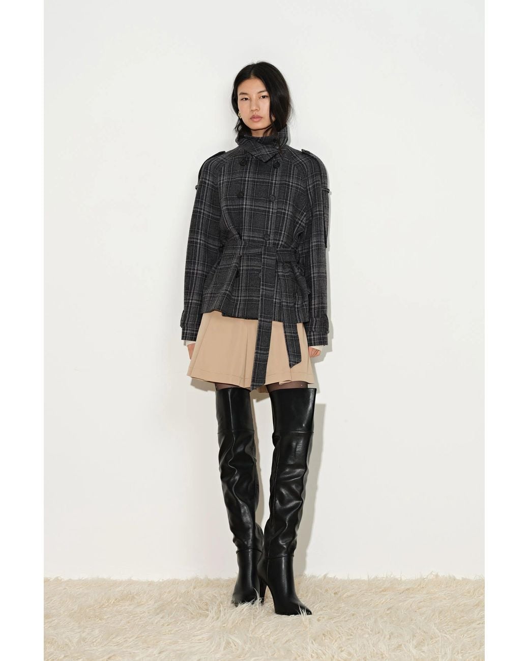 Fabrique Black Ainsley Plaid Belted Stand Collar Jacket
